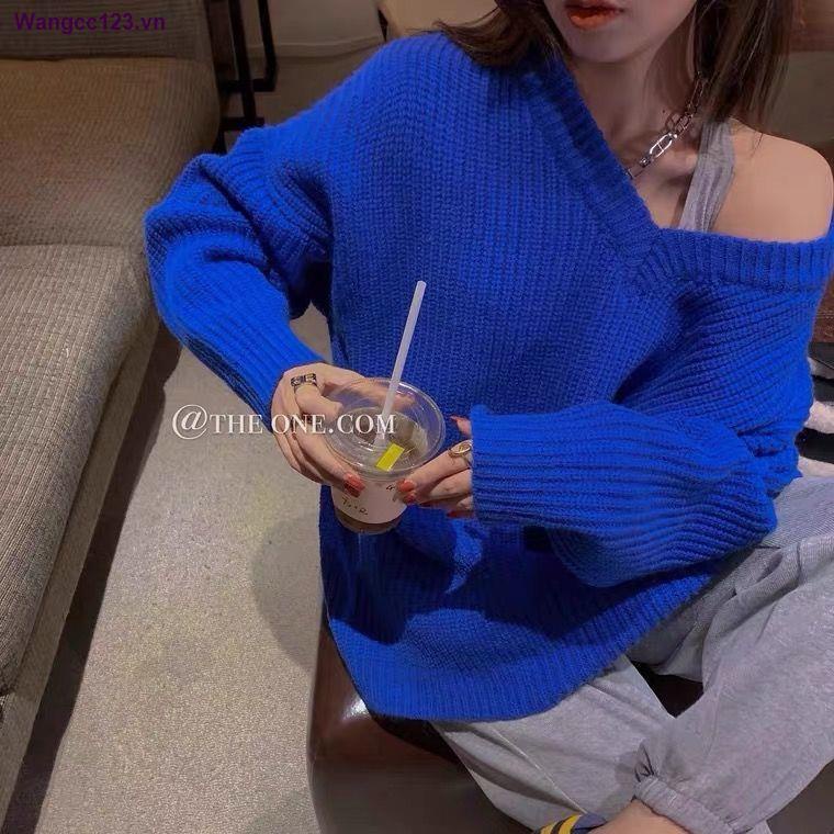 Áo sweater dệt kim dày dáng rộng màu xanh dương thời trang thu đông mới 2021