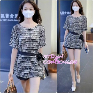Hàng nhập - Set bộ nữ short cổ tròn thắt nơ eo, sét đồ thời trang quần áo kiểu xinh xắn