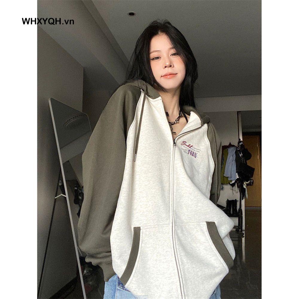Áo Khoác Cardigan Có Mũ Trùm Phối Màu Tương Phản Phong Cách Mỹ Mới