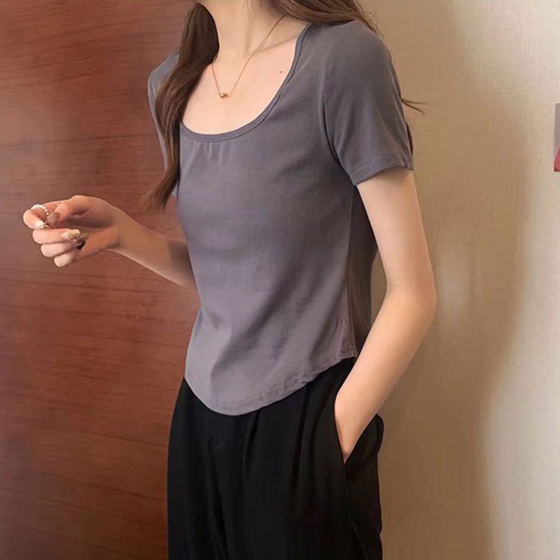 Áo thun YEYA tay ngắn cổ chữ U thiết kế lệch tà thời trang dành cho nữ