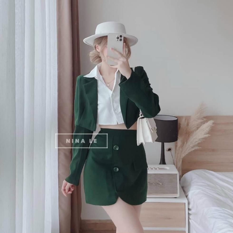 T10 Set 3 món áo vest sơ mi trắng kèm khoác xanh tay dài phối cvay mẫu chị Nina Lê