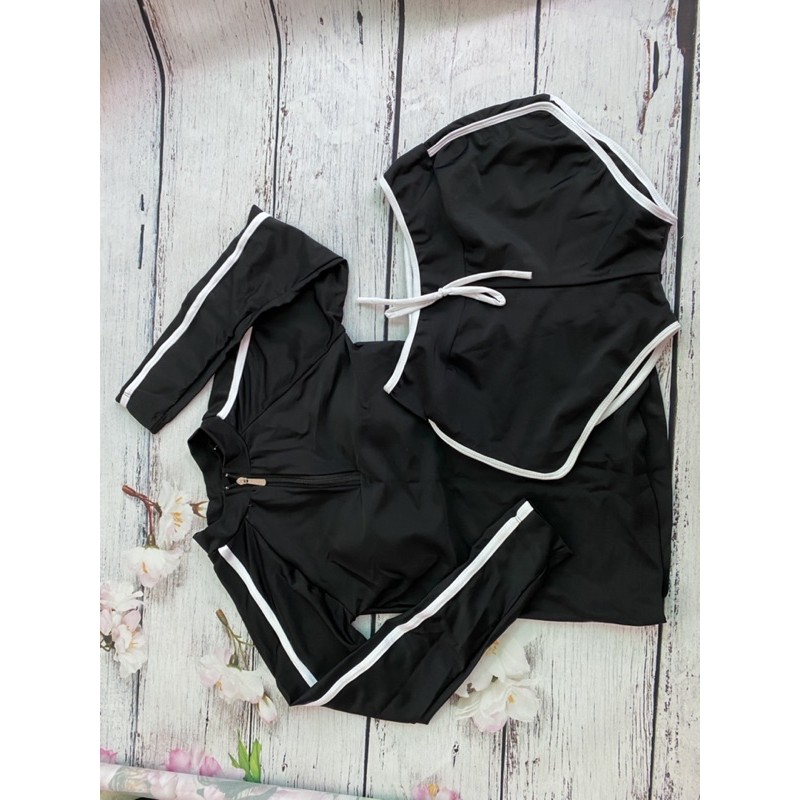 Sét bikini biển nữ ❤️ Hàng Cao Cấp ❤️ Sét đồ bơi nữ áo tay dài kèm quần đen pha trắng