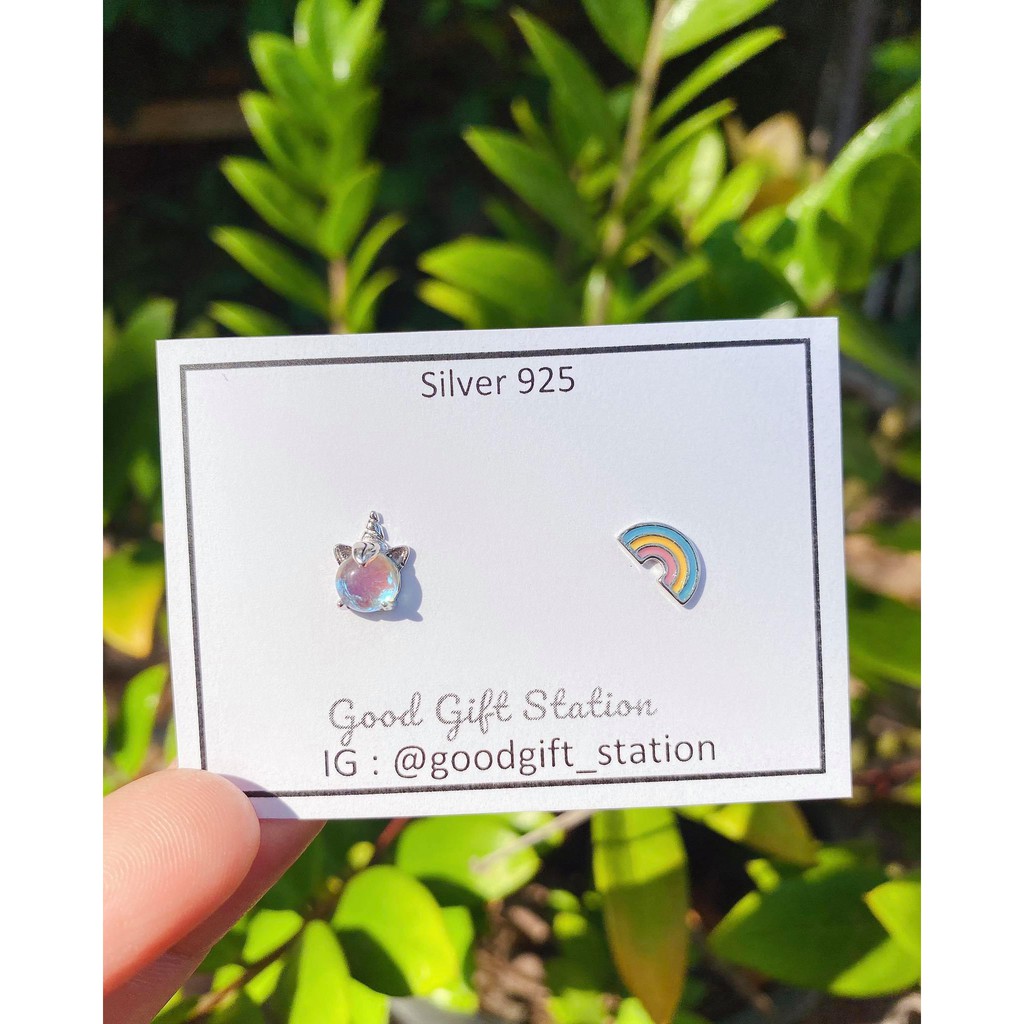 72 _ goodgift _ station- Bông tai xuyên thấu kỳ lân và cầu vồng bạc 925 ở cả hai mặt không giống như