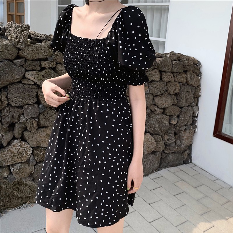 Đầm xòe cổ vuông tay phồng dáng ngắn họa tiết chấm bi phong cách ulzzang Hàn Quốc V39 - Peyy Clothing | BigBuy360 - bigbuy360.vn