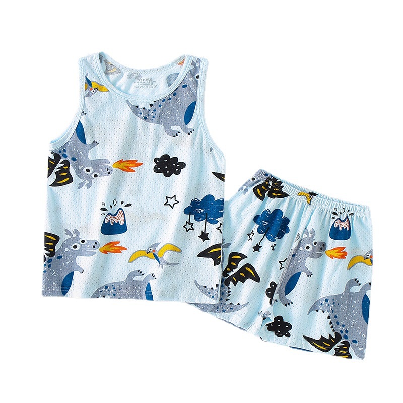 Bộ Áo Không Tay + Quần Short Vải Cotton Phối Lưới Mỏng Thoáng Khí Thời Trang Mùa Hè Cho Bé