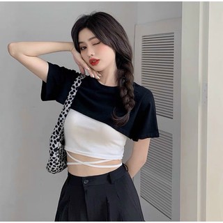 Set áo 2 món croptop phối áo chéo dây eo