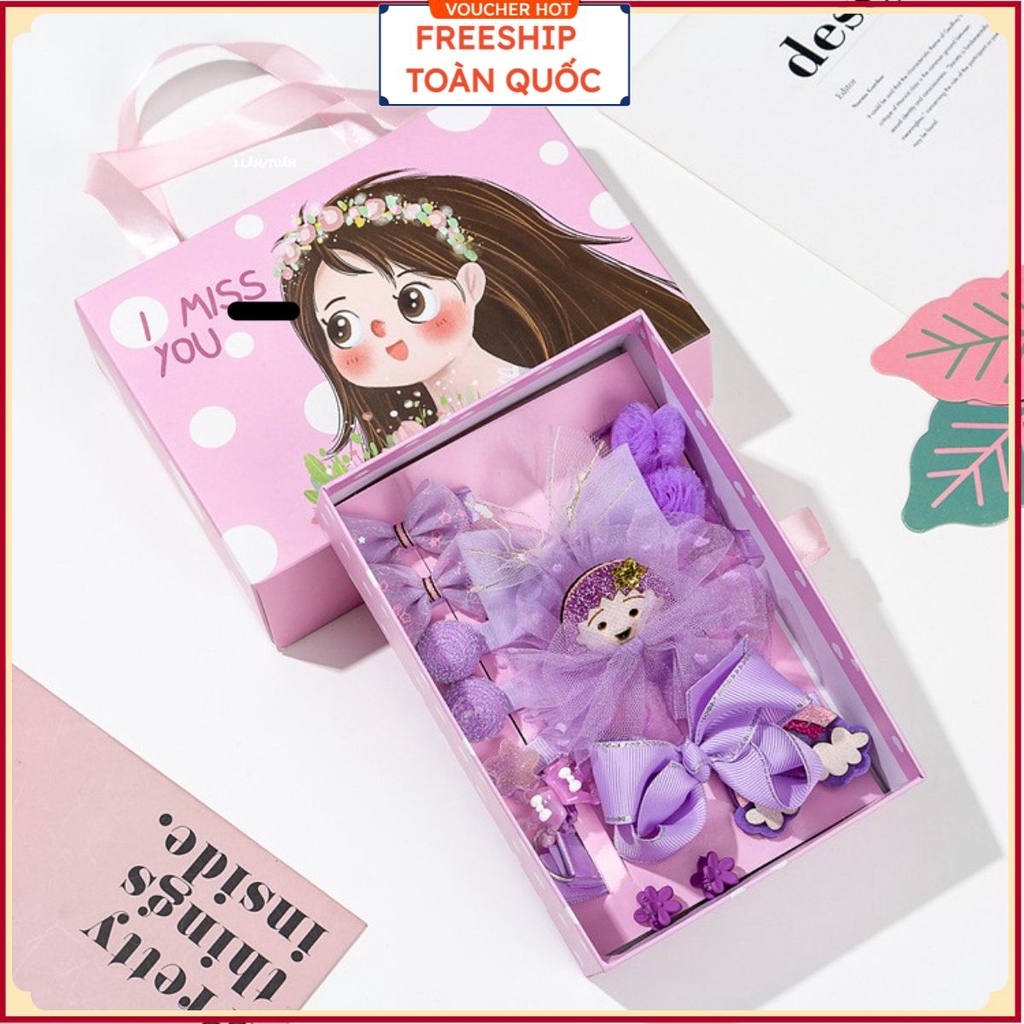 PVN29249 Hộp phụ kiện 18 chi tiết nơ kẹp tóc phong cách công chúa cho bé T2 .