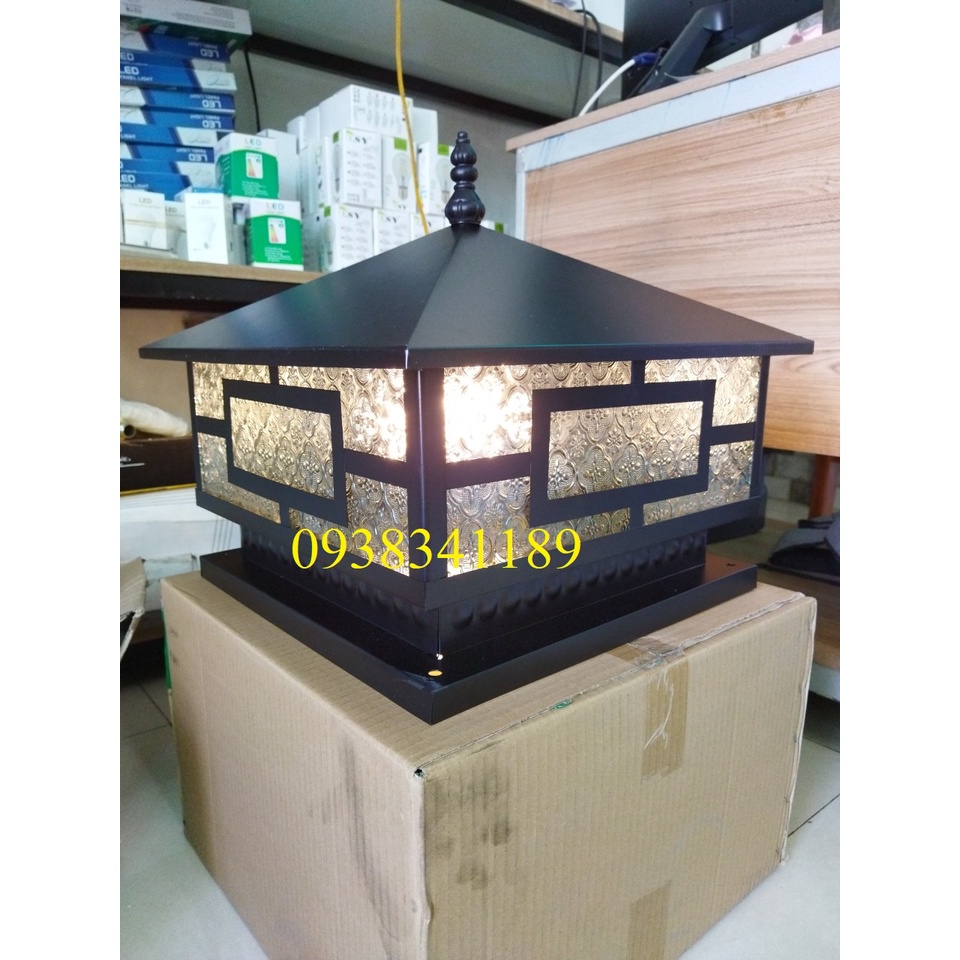 Đèn trụ cổng gắn đầu cột ngoài trời thân lá thép sơn tĩnh điện D40cm