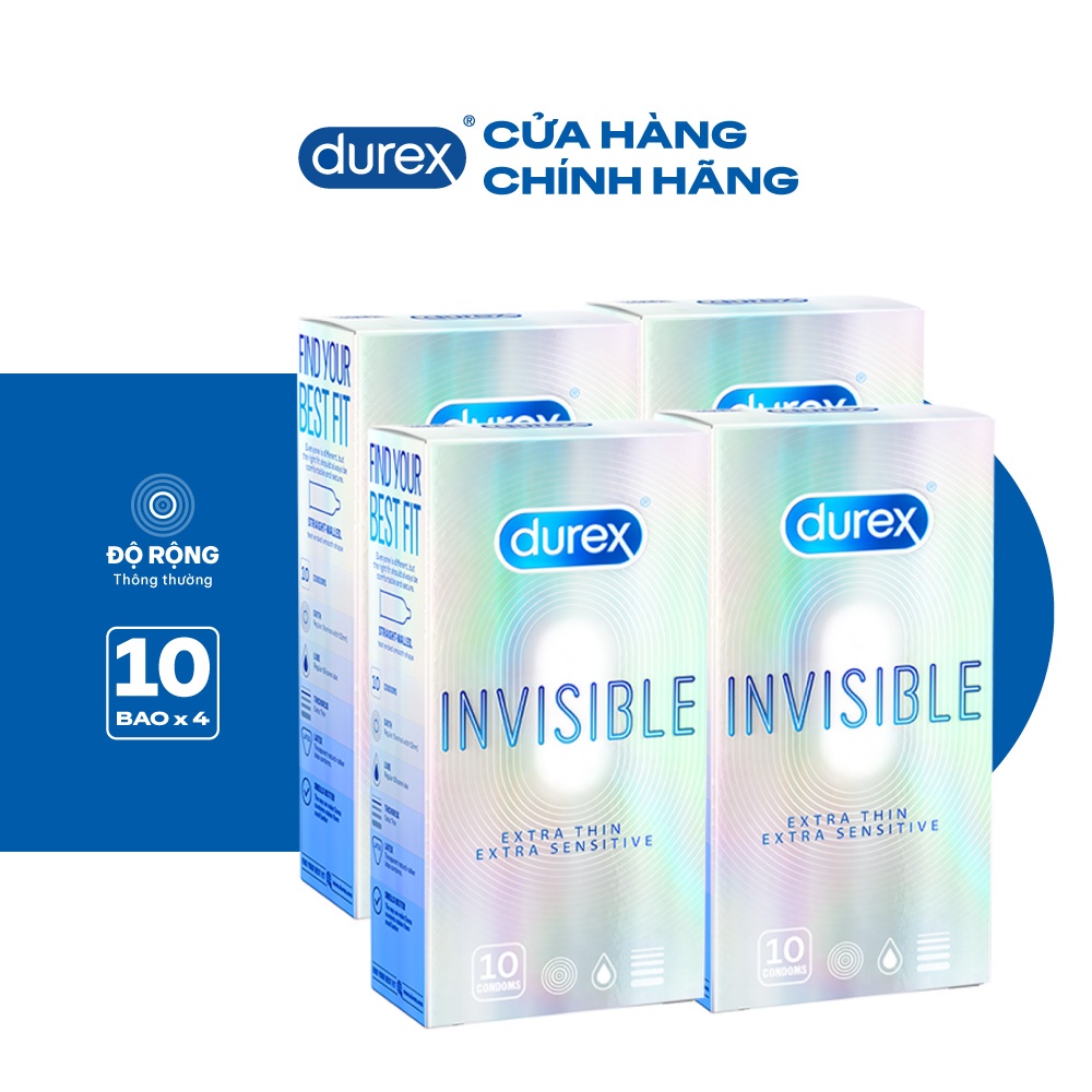 Bộ 4 hộp bao cao su Durex Invisible siêu mỏng, size 52mm, 10 bao/hộp