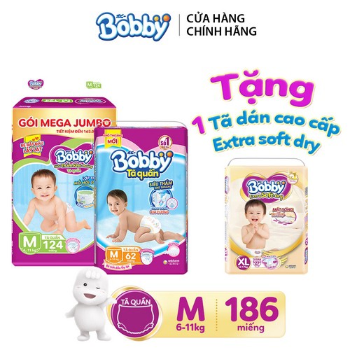 [Tặng 1 tã dán cao cấp Extra Soft Dry XL27] Combo Tã quần Bobby bịch Mega Jumbo + Super Jumbo đủ size M186/L174/XL144/XX