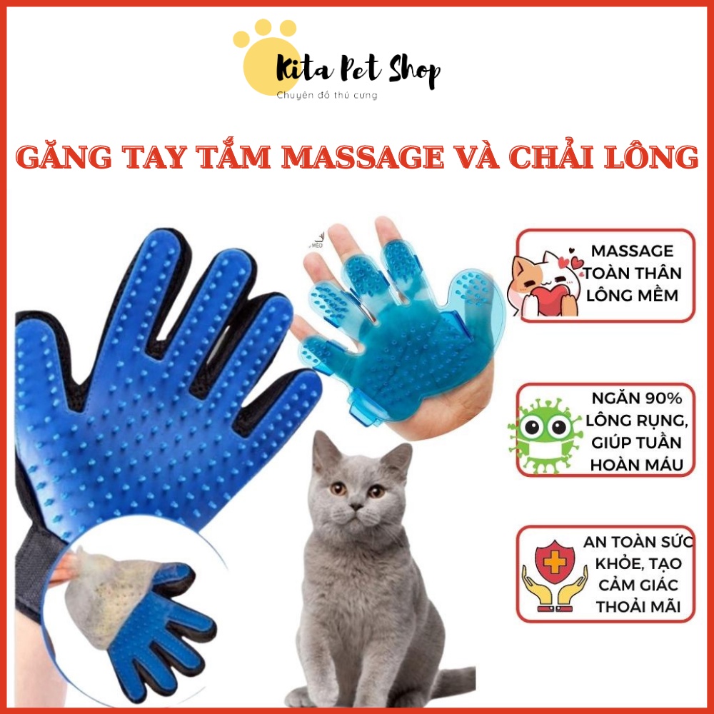 Găng tay chải lông rụng tắm chó mèo True Touch - chải lông tránh rối đánh bông lông massage cho thú cưng cực hiêu quả