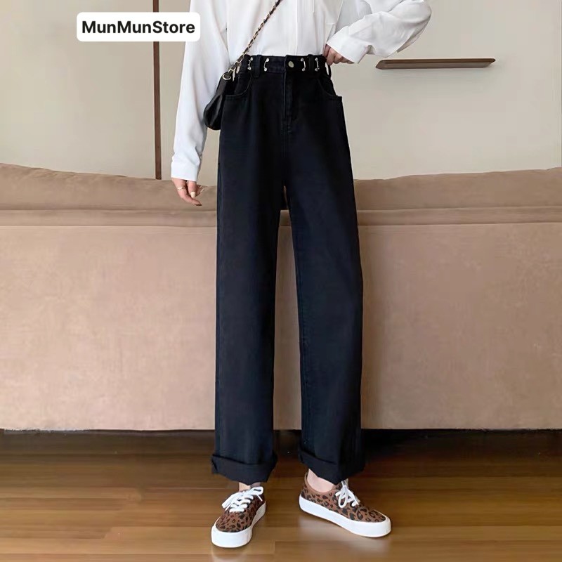 Quần Suông Nữ MunMunStore Quần Jean Bò Khuy Gài Chỉnh Eo Cạp Cao Ống Rộng Ullzang SK95