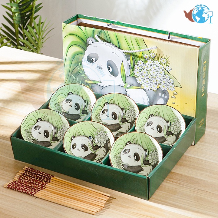 Bộ 6 chén 6 đũa hình gấu trúc dễ thương, có hộp đựng làm quà tặng cực xinh