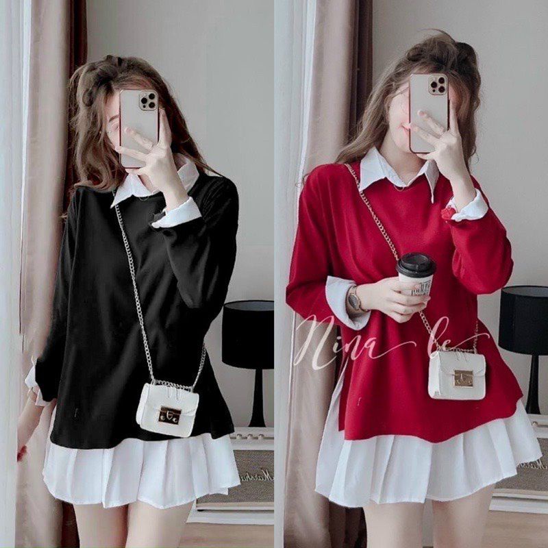 TT 07 - nguyên bộ đầm sơ mi trắng phối kèm áo len gân đỏ hoặc đen, cực chất xinh xinh xinh