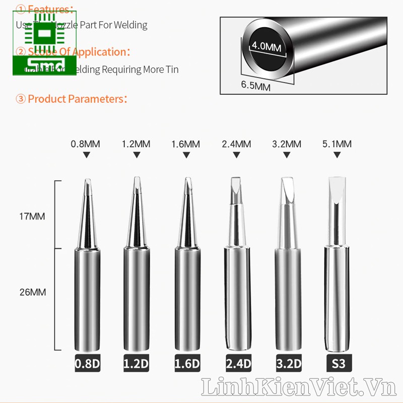 Bộ mũi hàn 900M, đầu mỏ hàn 900M-T-K/SK/I/B/3C/4C/0.8D dành cho máy hàn Hakko 936, 937, Quick 936, 937