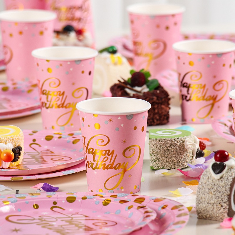 Bộ dụng cụ bàn ăn màu hồng dùng một lần trang trí tiệc sinh nhật