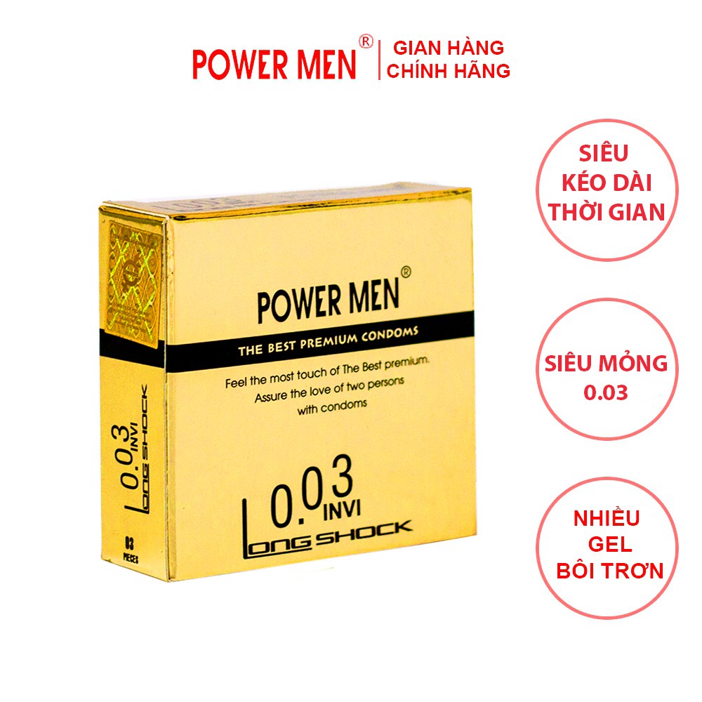 Bao cao su siêu mỏng, chống xuất tinh sớm Powermen INVI 0.03 Longshock 3 bao (SSU3)