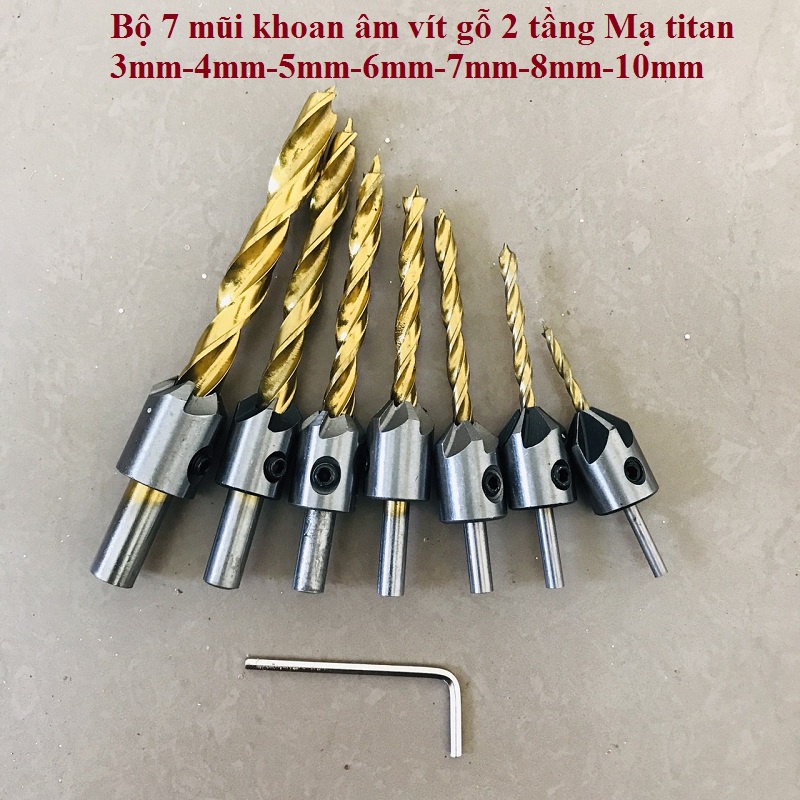Bộ 7 mũi khoan âm vít gỗ 2 tầng phủ Titanium kích thước 3mm đến 10mm