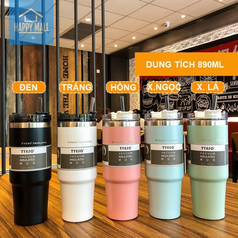 Ly giữ nhiệt 890ml nắp xoay 3 công dụng Tyeso kèm ống hút nhựa HC03