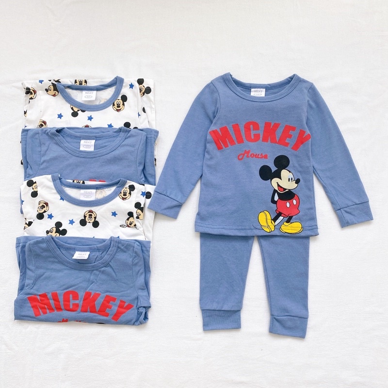 Set 2 bộ cotton dài tay cho bé in hình mickey xanh trắng