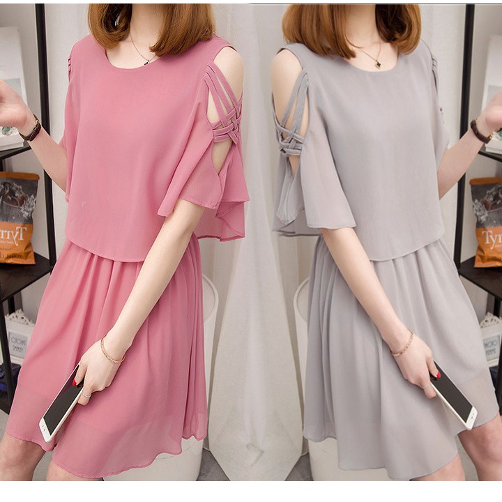 Đầm voan nữ dáng xòe 2 lớp tay đan dây da20