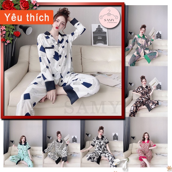 Đồ bộ nữ dài chất liệu lụa 100D có hoạ tiết trẻ trung mặc nhà đẹp