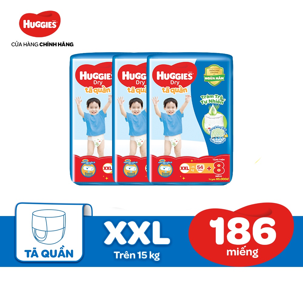 Combo 3 Tã Quần Huggies Tràm Trà Tự Nhiên Dry M76/L68/XL60/XXL54 + Tặng 8 miếng