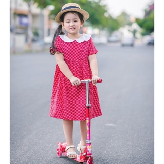 Áo đầm bé gái thô cotton Mĩ nền đỏ bi trắng