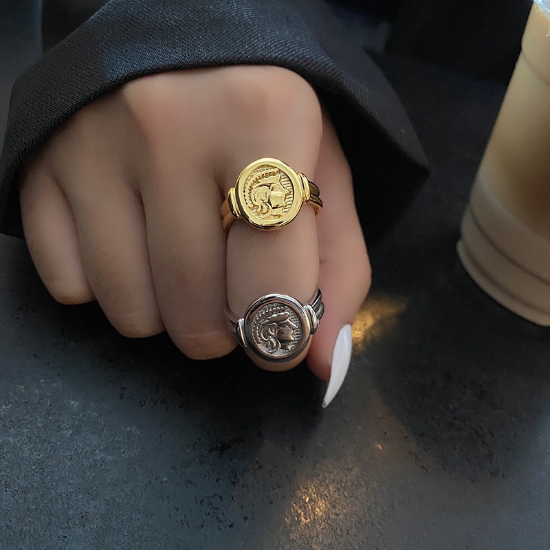 Nhẫn Chân Dung Tròn Màu Vàng / Bạc Phong Cách Gothic Đơn Giản Tùy Chỉnh Thời Trang Cho Nam Và Nữ