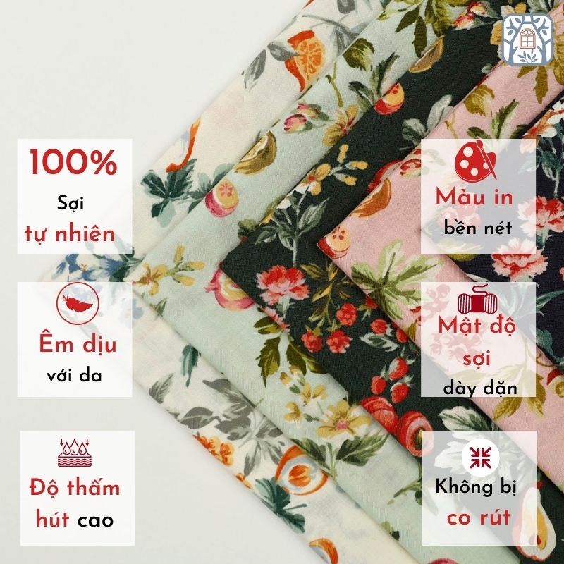 YHD-25 Vải cotton 100% tự nhiên🍒YUWA🍒khổ vải 110cm, hoa quả lựu , quả lê  - vải đẹp handmade, quilt, may quần áo