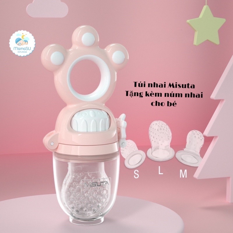 Túi Nhai Ăn Dặm Misuta Cho Bé, Núm Nhai Ăn Trái Cây Hoa Quả Chống Hóc Cho Trẻ
