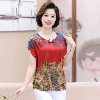 Áo thun tay ngắn cổ tròn in họa tiết thanh lịch cho phụ nữ trung niên