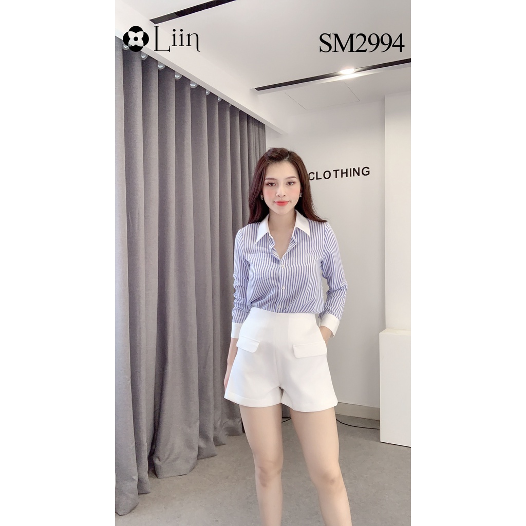 Áo Sơ Mi form công sở họa tiết Kẻ Sọc Xanh phối viền trắng thanh lịch Liin Clothing SM2994