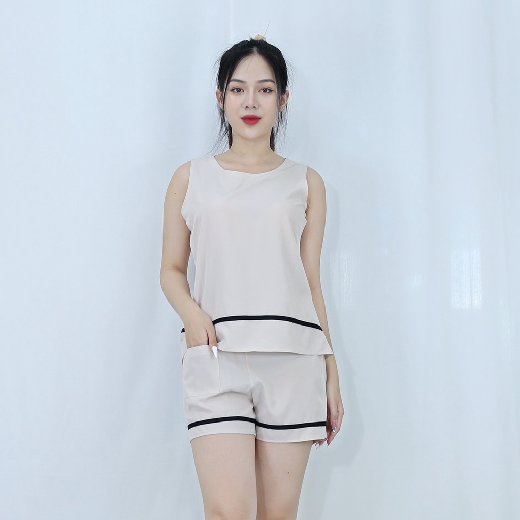 Bộ đồ bộ nữ ngắn D39 TRẮNG KEM SÁT NÁCH PHỐI SỌC ĐEN - Lụa 106 - Mềm mại nhẹ nhàng