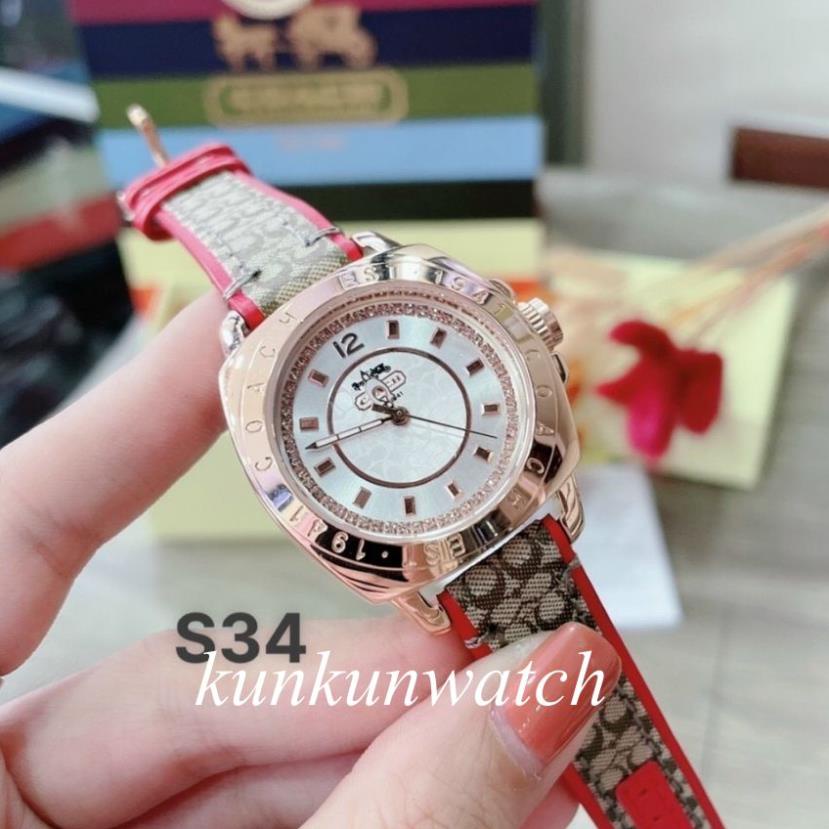Đồng Hồ Nữ Coach Delancey Kim Phút Phá Cách, Dây Nâu Đỏ Vỏ Vàng Hồng- 34mm