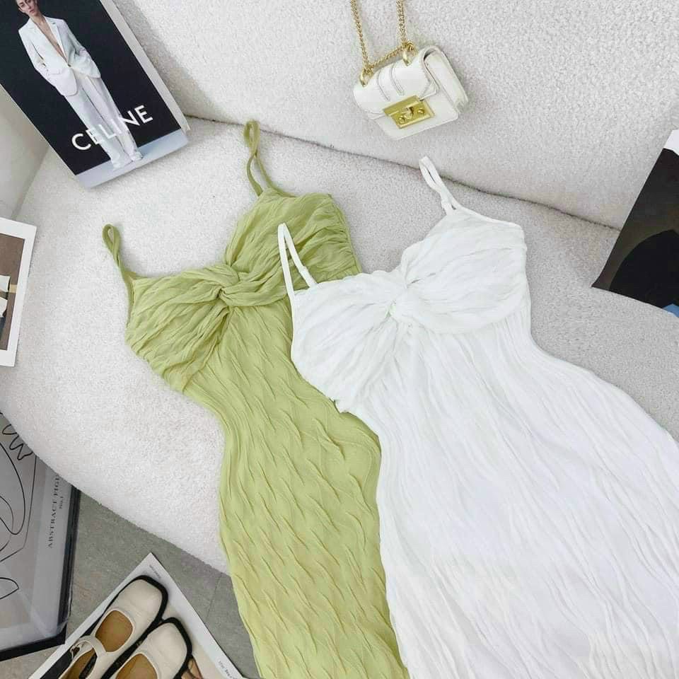 Đầm maxi xốp vân sóng dáng suông 2 dây, váy nữ suông dây xoắn ngực Minstore