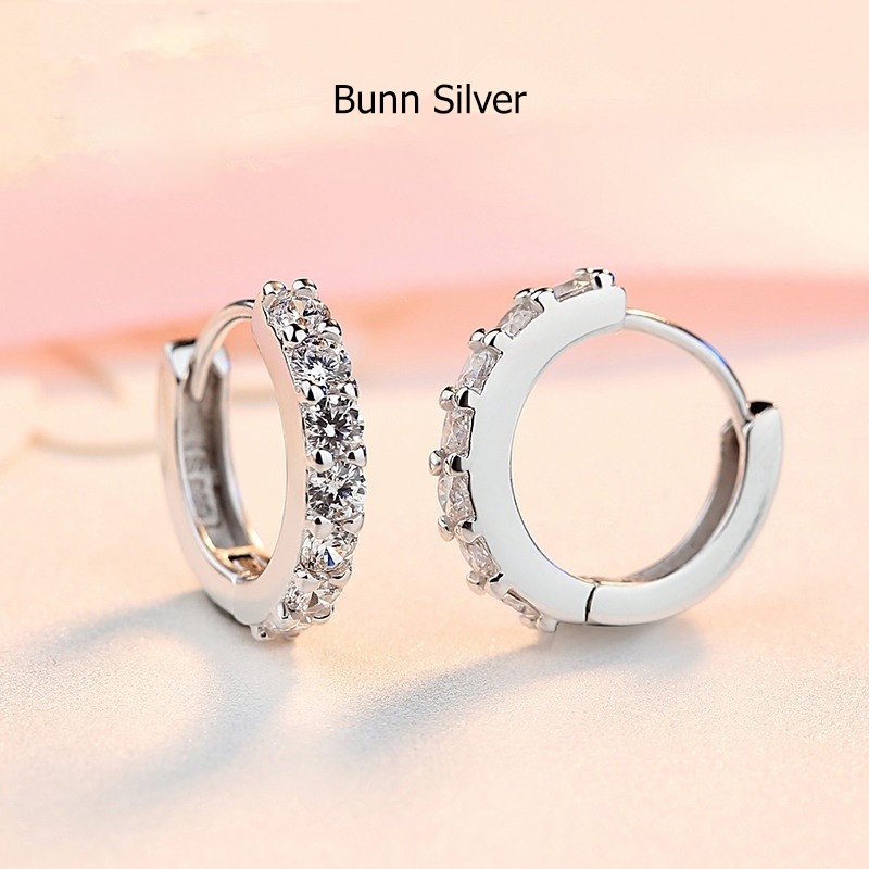 Bông tai nữ bạc S925 hình tròn đính đá, Khuyên tai nữ Bunn Silver, phụ kiện trang sức bạc