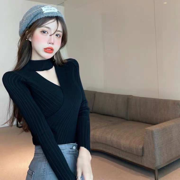 Áo croptop SUXI vải dệt kim tay dài màu trơn thời trang Hàn Quốc