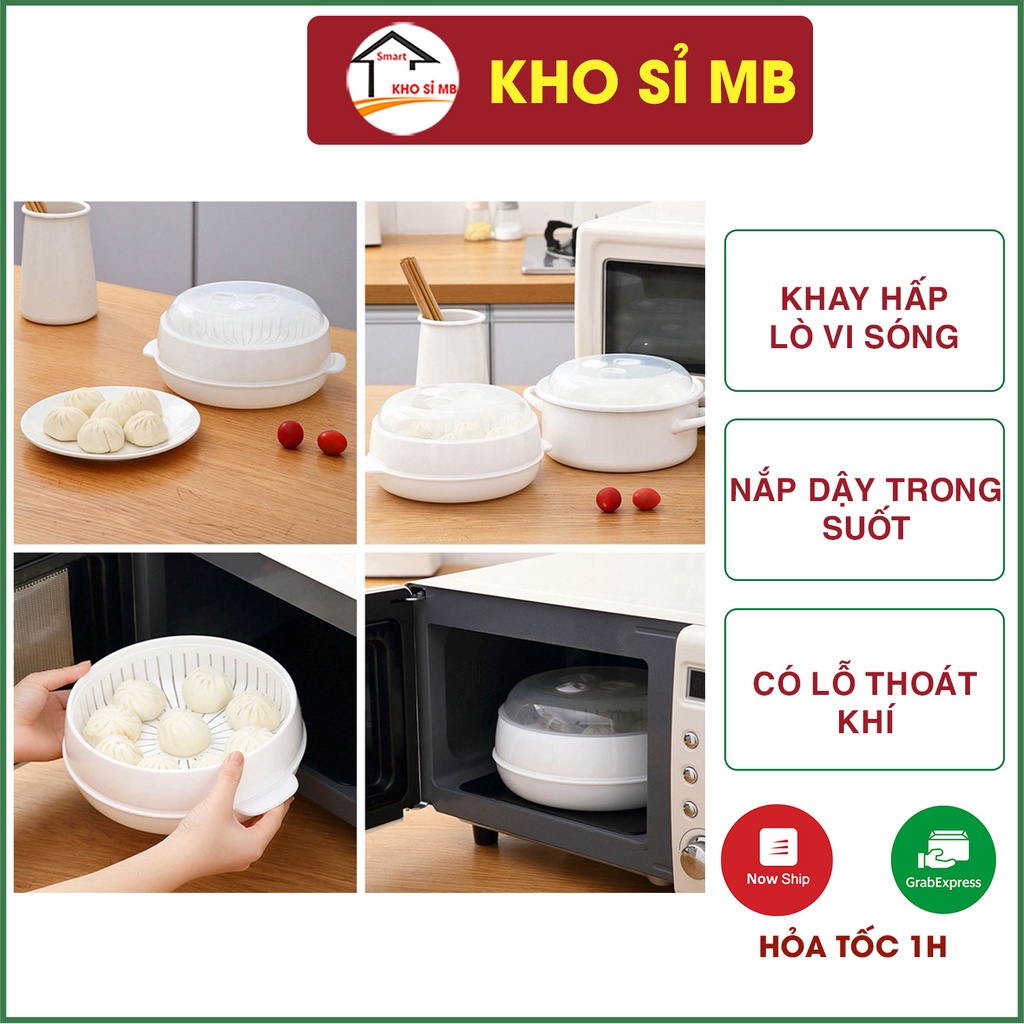 Nồi hấp trong lò vi sóng, xửng hấp nhựa 2 tầng chịu nhiệt 3 chi tiết có nắp đậy thông minh kho sỉ mb