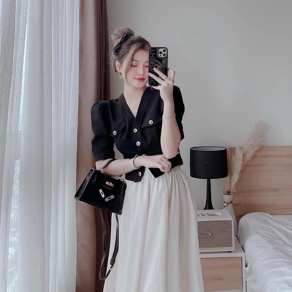 Sét áo và chân váy nữ ,set áo crotop cúc ngọc tay bông chân váy trắng, sét chân váy trắng