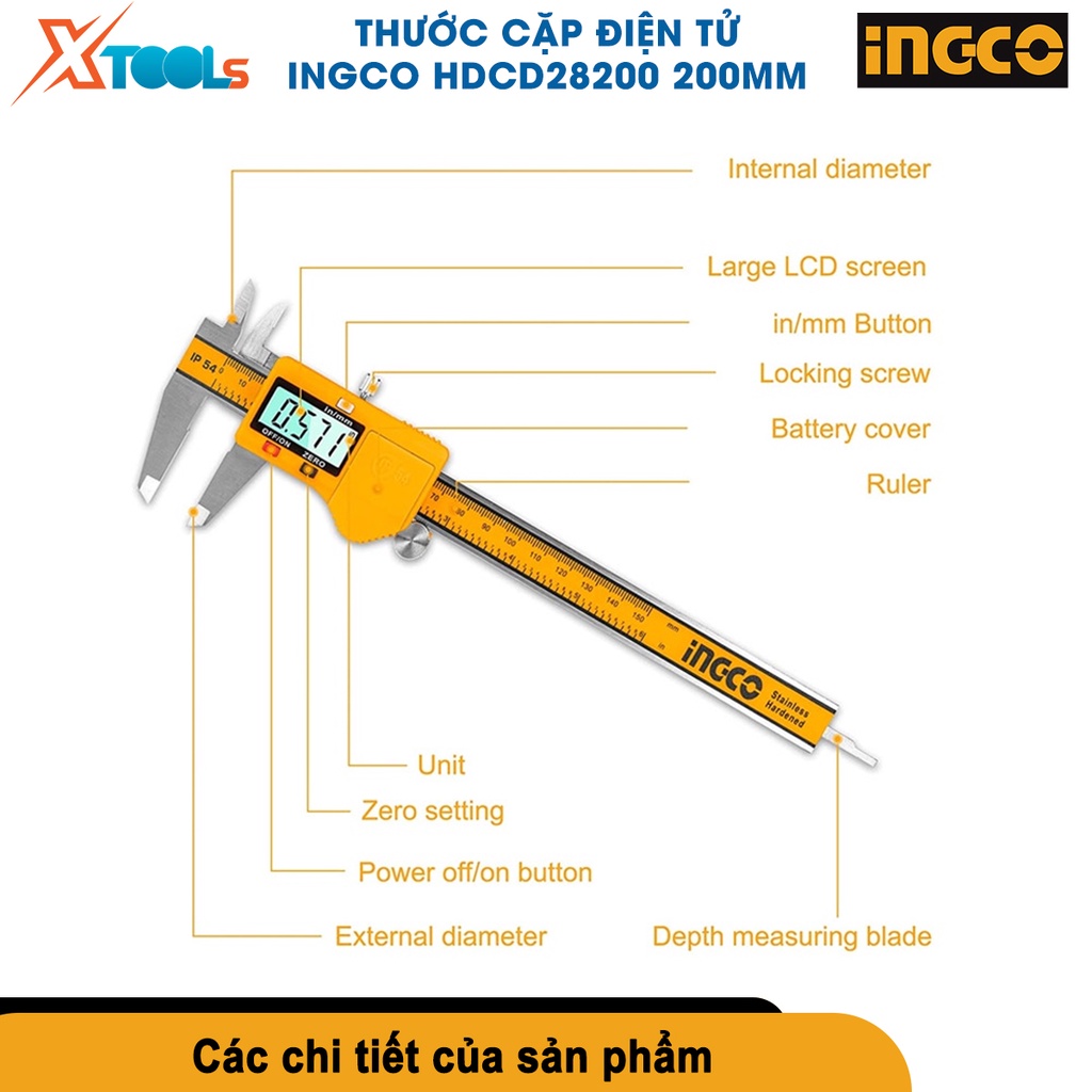 Thước kẹp điện tử HDCD28200 200mm thước đo đường kính điện tử vỏ thước bằng nhựa thay đổi số liệu đo