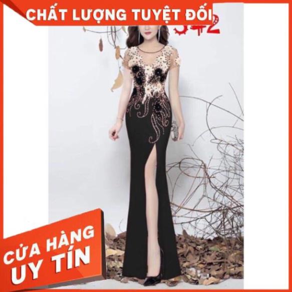 Đầm maxi body dạ hội xẻ đùi kết hoa và cườm nổi - size M/L/XL (có ảnh thật) MS28Y