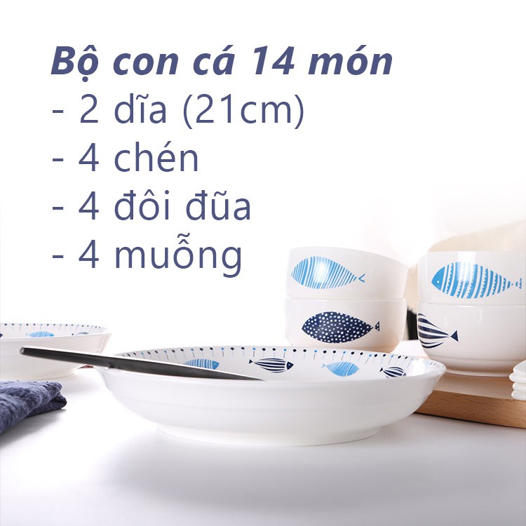 Bộ chén dĩa sứ kiểu Nhật 14 món, hình Con Cá (Video thật)