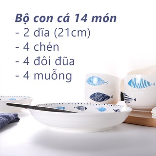 Bộ chén dĩa sứ kiểu Nhật 14 món, hình Con Cá (Video thật)
