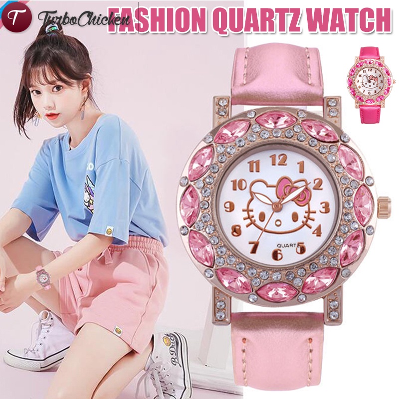 Đồng Hồ Nữ Dây Da Mặt Hình Hello Kitty Dễ Thương