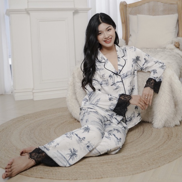 Đồ Ngủ Nữ Bộ Pijama Venus Secret lụa cao cấp họa tiết cây dừa