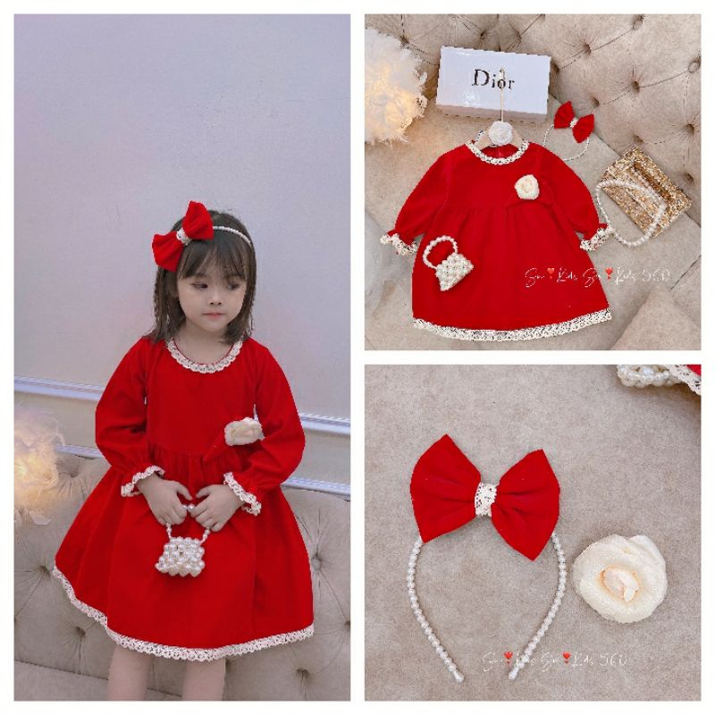 Váy Nhung Đỏ Đính Hoa Kèm Nơ Cài Điệu Đà Cho Bé Gái size 1-7 tuổi (10-20 kg)