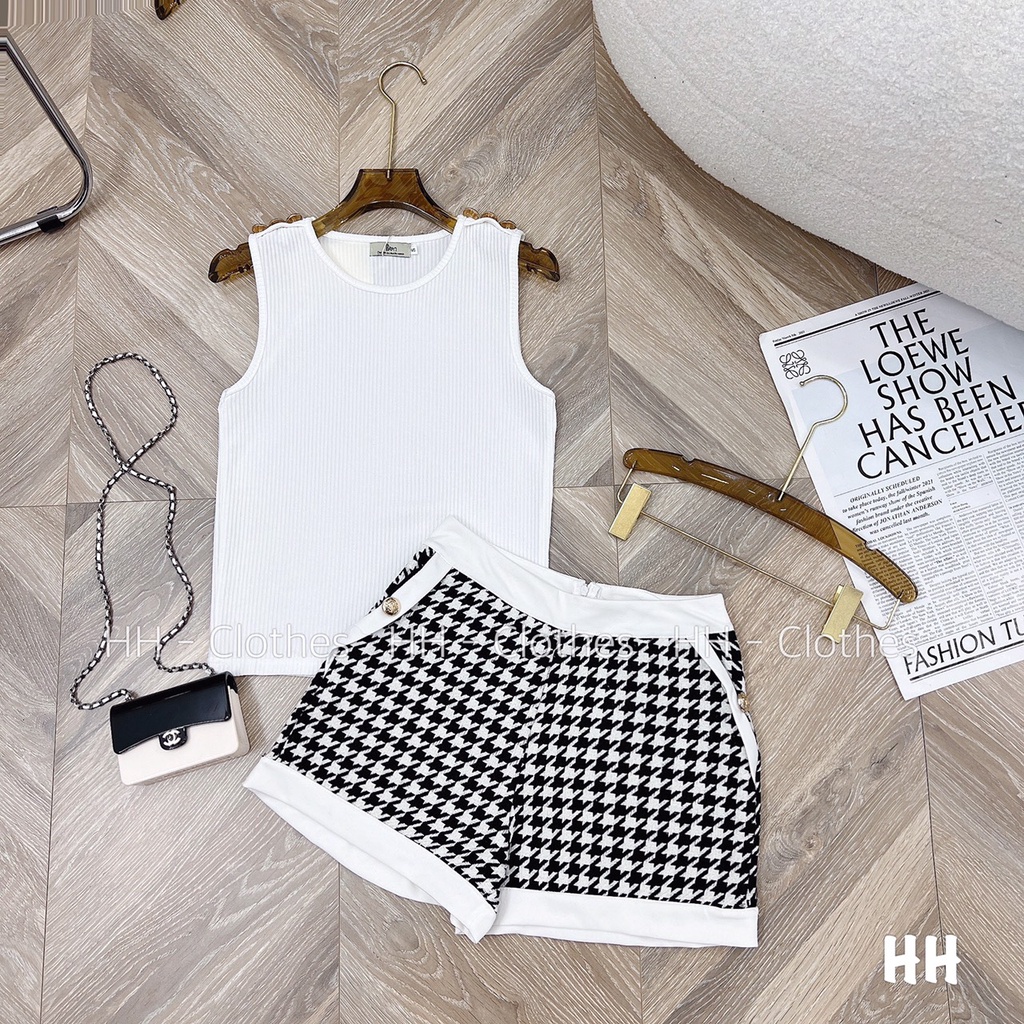 Set bộ nữ áo tăm croptop nút vai mix quần dạ ziczac thời trang sang chảnhI Trần Hân Shop 4012423
