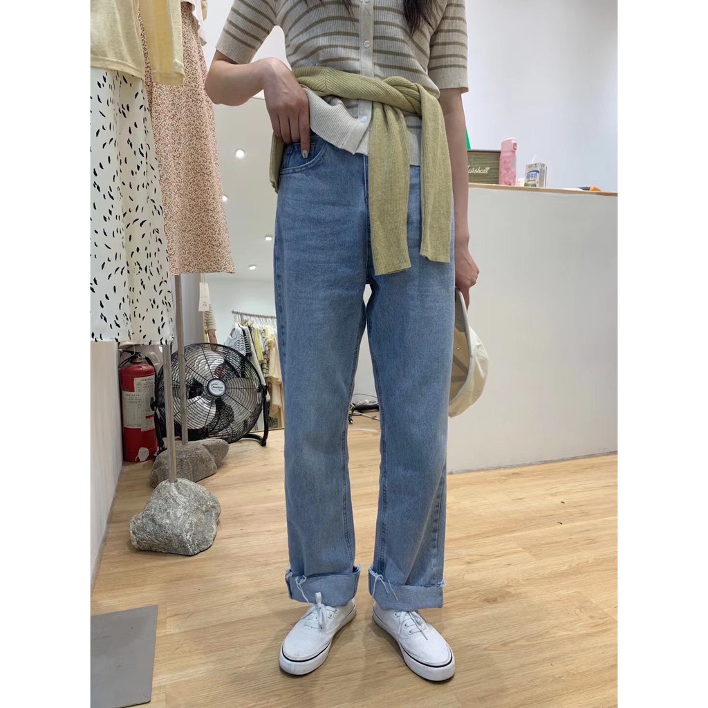 Quần jean nữ cạp cao, ống rộng, rách gấu, không co giãn, Form lớn, màu xanh JEAN - Form dáng Hàn Quốc 2021