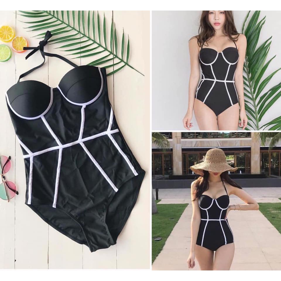 Bikini nữ có gọng nâng ngực Đồ bơi đẹp liền thân 1 mảnh đen viền trắng G06